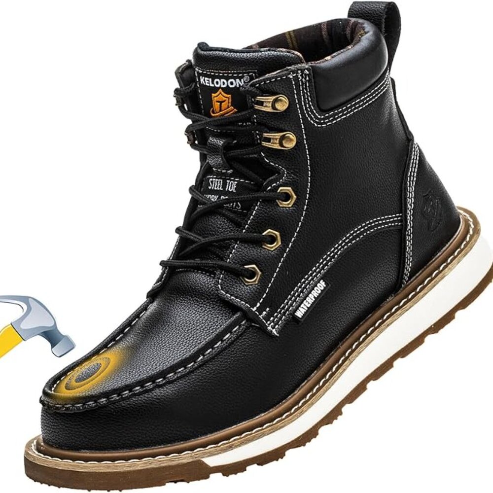 KELODON Waterproof Steel Toe Boots Men-6" Leather mismatched size L10.5/R11